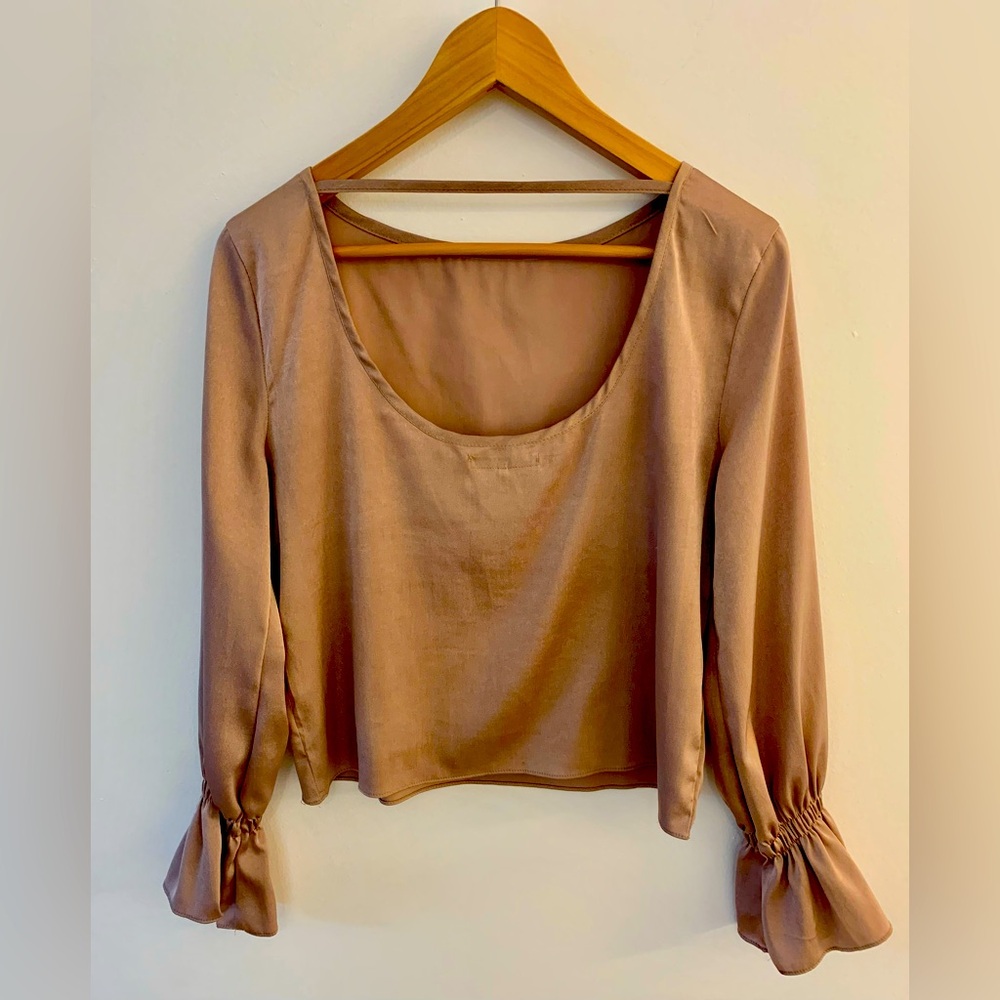 Oak + FORT Silky Long Sleeved Blouse, Gold/Sand colour, Size O/S. Fits Small